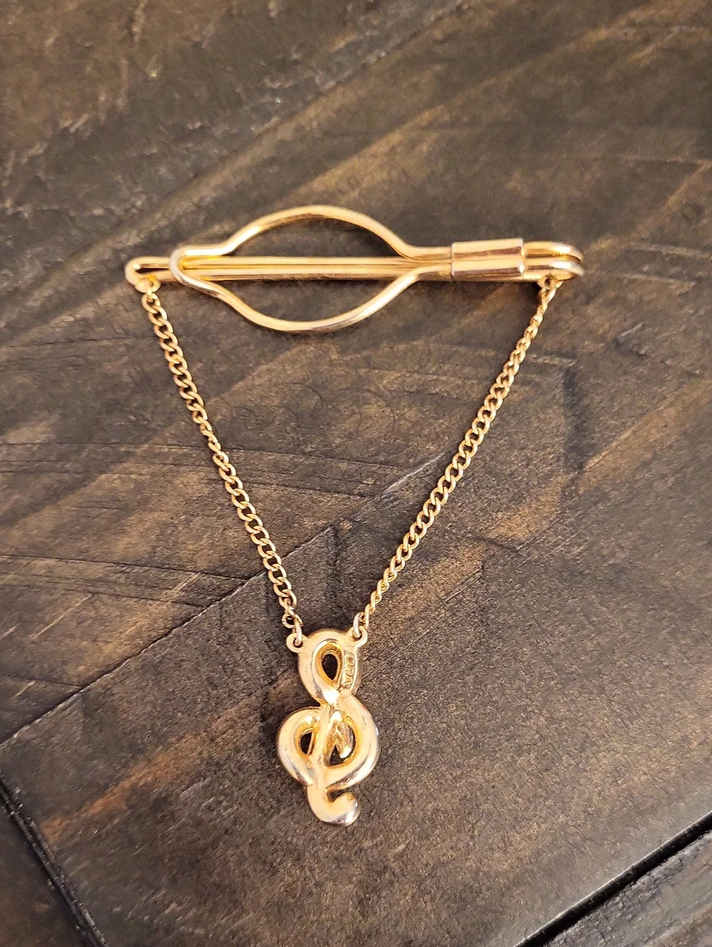 Vintage ORA Agnini Singer Rhinestone Treble Clef Tie Chain Clip Gold Tone